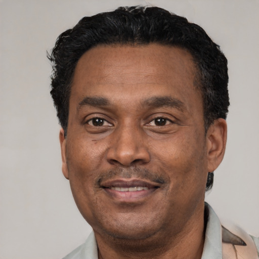 Joyful latino adult male with short  black hair and brown eyes