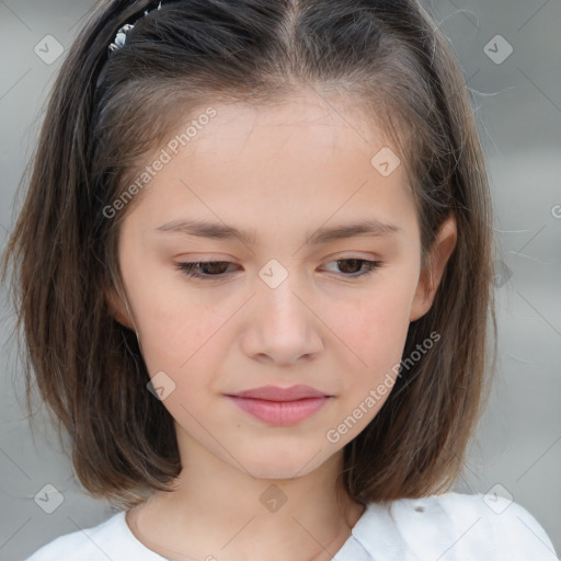 Joyful white child female with medium  brown hair and brown eyes