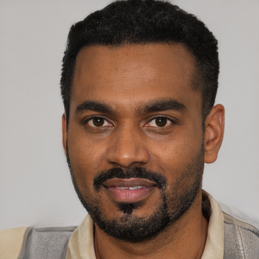 Joyful black young-adult male with short  black hair and brown eyes