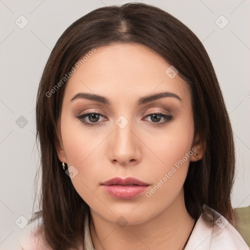 Neutral white young-adult female with medium  brown hair and brown eyes