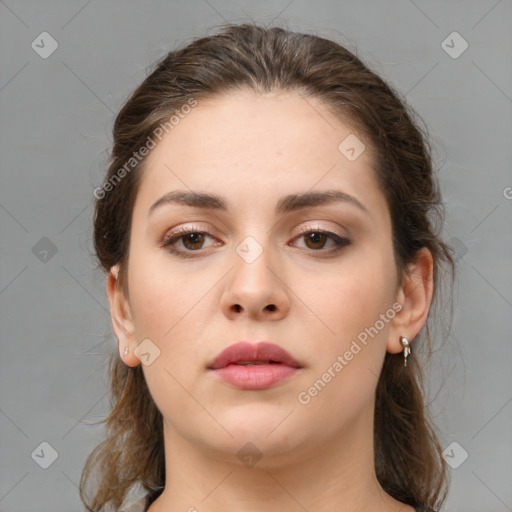 Neutral white young-adult female with medium  brown hair and brown eyes