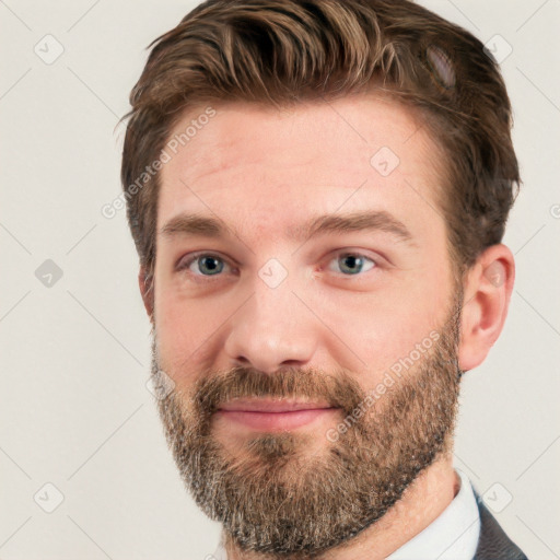 Neutral white young-adult male with short  brown hair and grey eyes