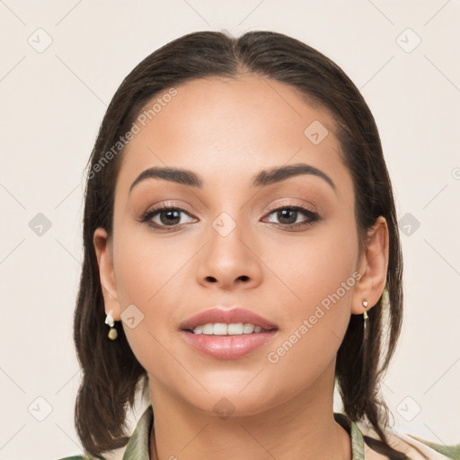 Joyful white young-adult female with medium  brown hair and brown eyes