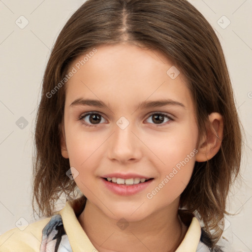 Joyful white child female with medium  brown hair and brown eyes