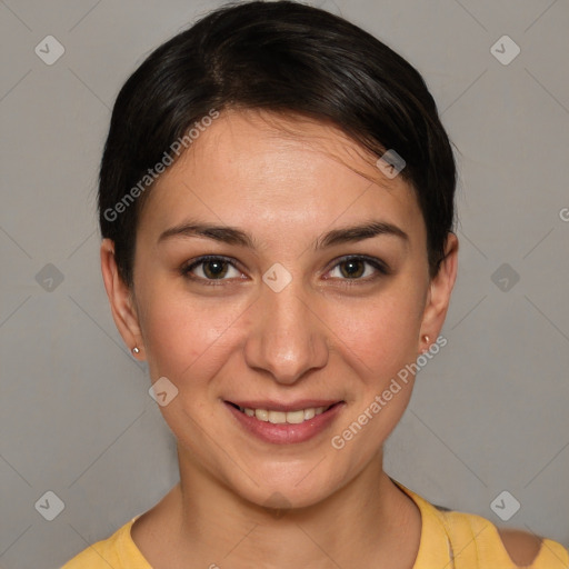 Joyful white young-adult female with short  brown hair and brown eyes