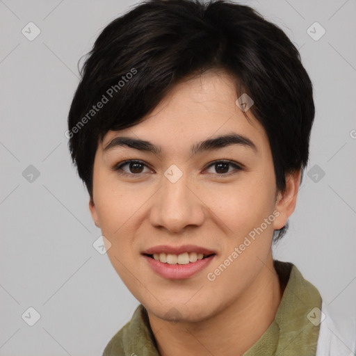 Joyful asian young-adult female with medium  brown hair and brown eyes