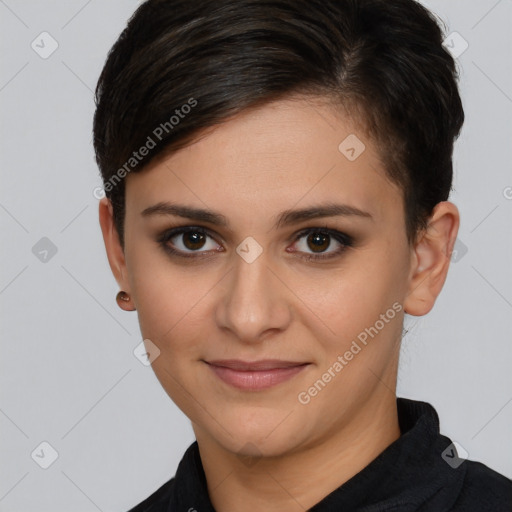 Joyful white young-adult female with short  brown hair and brown eyes