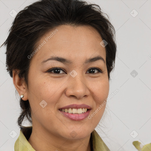 Joyful white adult female with medium  brown hair and brown eyes