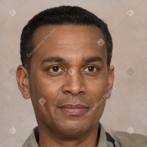 Joyful black adult male with short  black hair and brown eyes