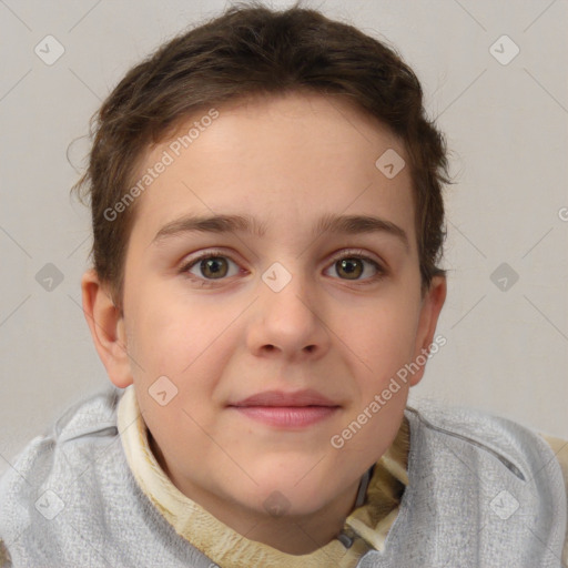 Joyful white child male with short  brown hair and brown eyes