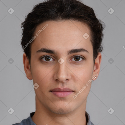 Neutral white young-adult male with short  brown hair and brown eyes