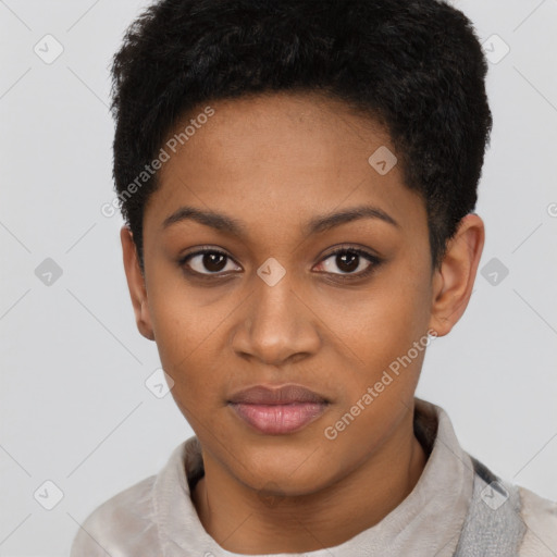 Neutral black young-adult female with short  black hair and brown eyes