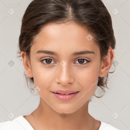 Joyful white child female with medium  brown hair and brown eyes