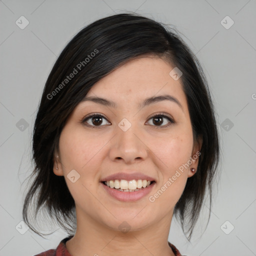 Joyful asian young-adult female with medium  black hair and brown eyes