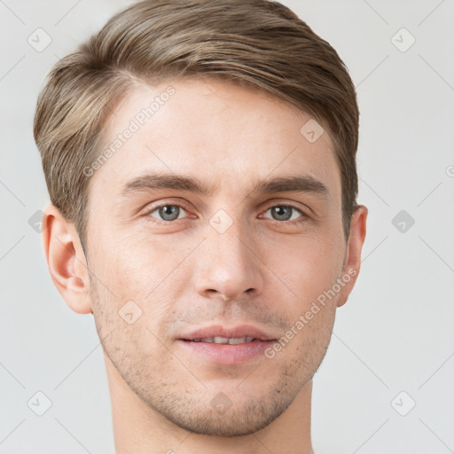 Neutral white young-adult male with short  brown hair and grey eyes