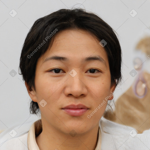 Neutral asian young-adult female with short  black hair and brown eyes