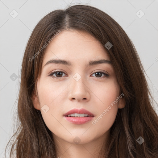 Neutral white young-adult female with long  brown hair and brown eyes