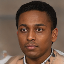 Neutral black young-adult male with short  black hair and brown eyes