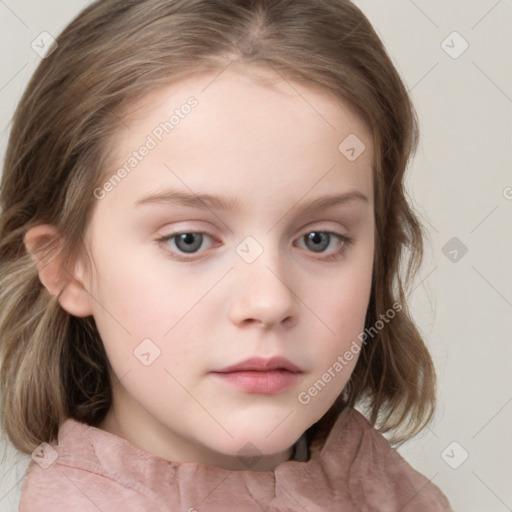 Neutral white child female with medium  brown hair and blue eyes