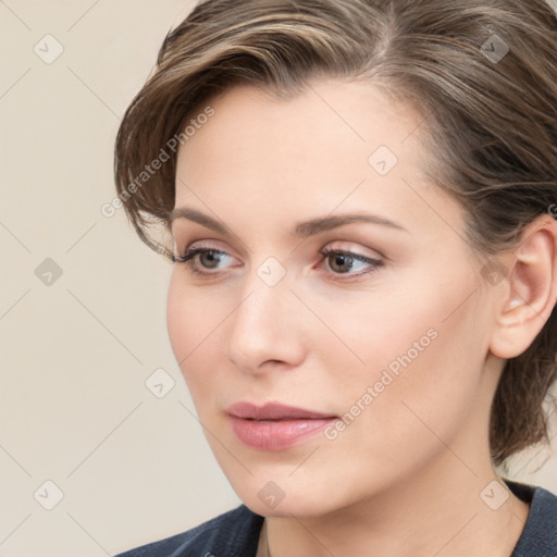 Neutral white young-adult female with medium  brown hair and grey eyes