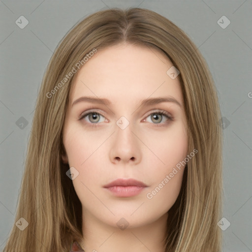 Neutral white young-adult female with long  brown hair and grey eyes