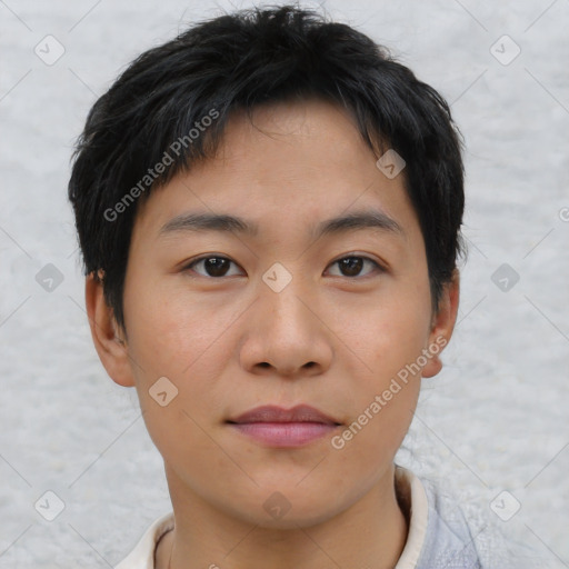 Neutral asian young-adult male with short  brown hair and brown eyes