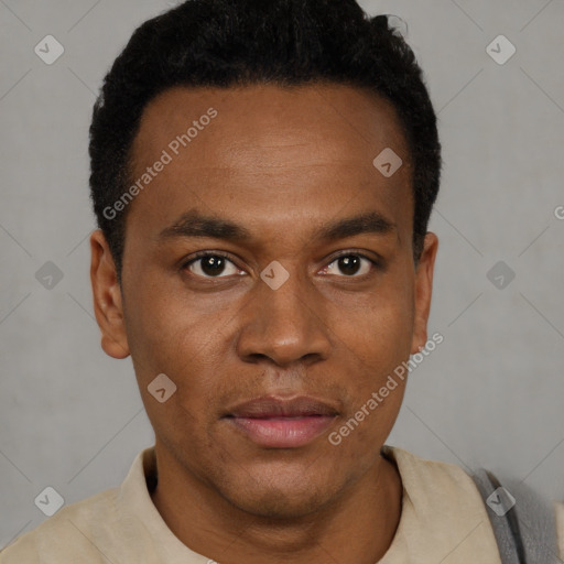 Neutral black young-adult male with short  black hair and brown eyes