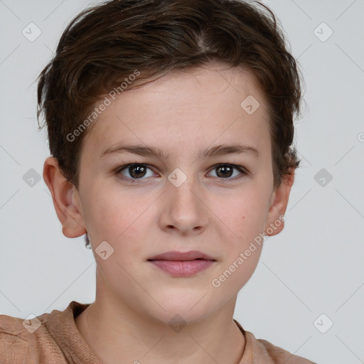 Neutral white young-adult female with short  brown hair and brown eyes