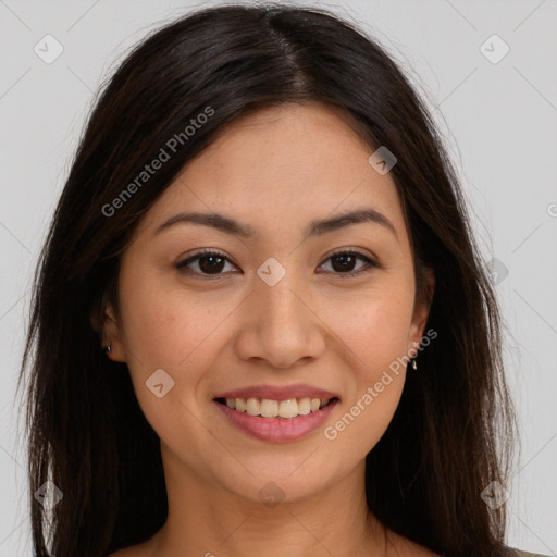 Joyful white young-adult female with long  brown hair and brown eyes