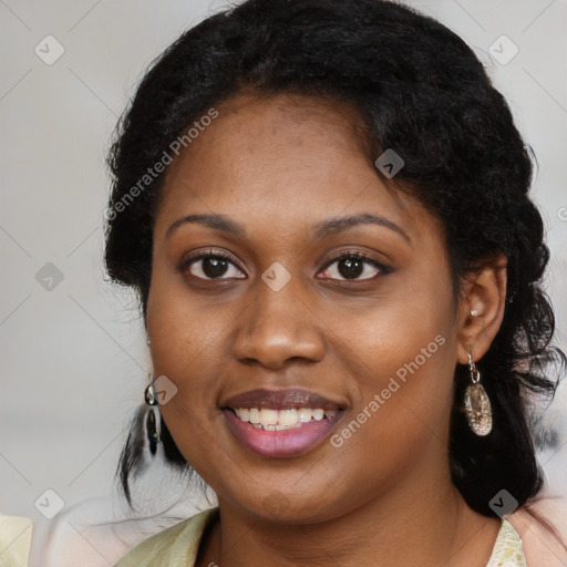 Joyful black young-adult female with medium  black hair and brown eyes