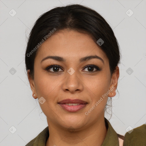 Joyful latino young-adult female with short  brown hair and brown eyes