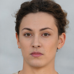 Neutral white young-adult female with short  brown hair and brown eyes