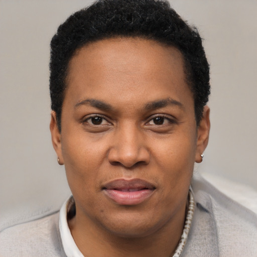 Joyful black adult female with short  black hair and brown eyes