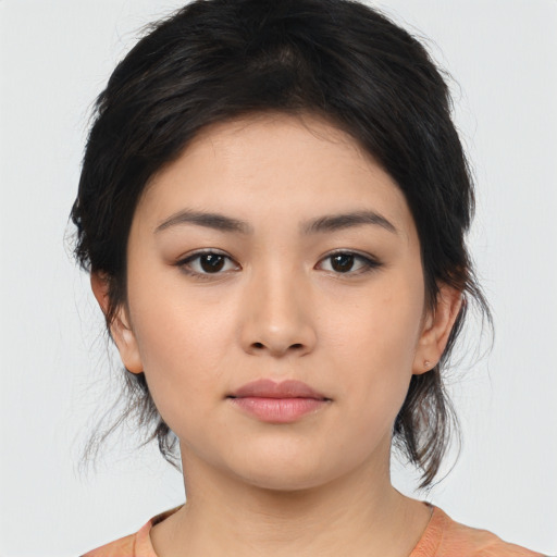 Neutral asian young-adult female with medium  black hair and brown eyes
