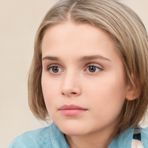 Neutral white child female with medium  brown hair and grey eyes