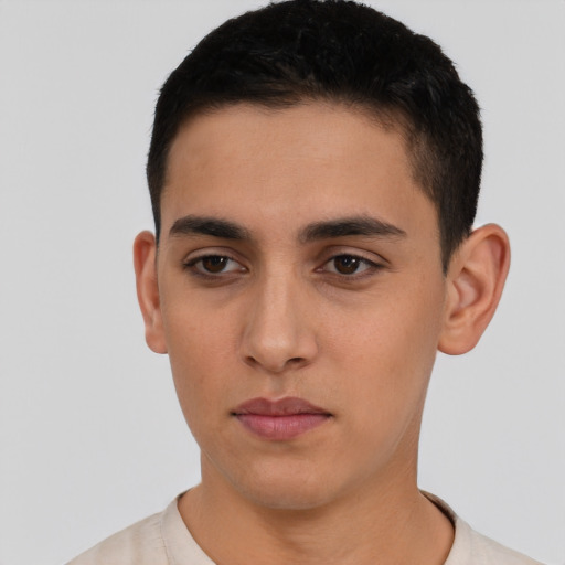 Neutral asian young-adult male with short  brown hair and brown eyes