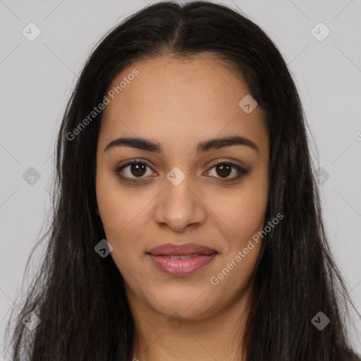 Joyful asian young-adult female with long  brown hair and brown eyes