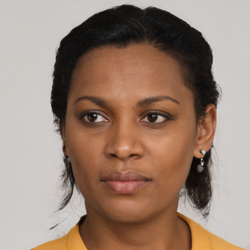 Neutral latino young-adult female with medium  black hair and brown eyes