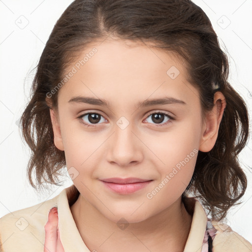 Joyful white child female with medium  brown hair and brown eyes