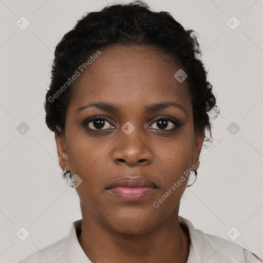 Neutral black young-adult female with short  black hair and brown eyes