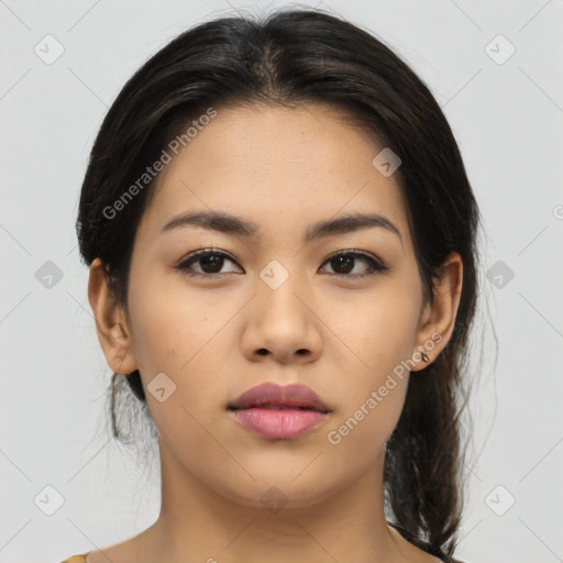 Neutral asian young-adult female with medium  brown hair and brown eyes