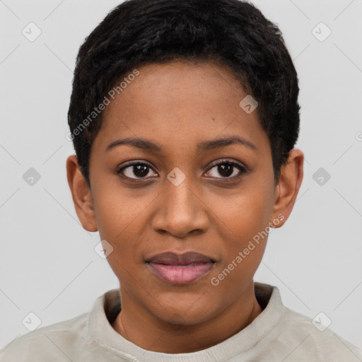 Joyful black young-adult female with short  brown hair and brown eyes