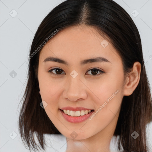 Joyful white young-adult female with medium  brown hair and brown eyes