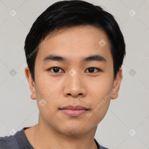 Neutral asian young-adult male with short  black hair and brown eyes