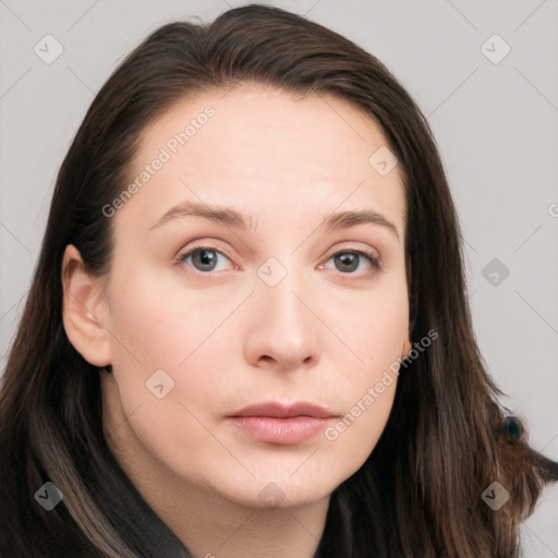 Neutral white young-adult female with long  brown hair and grey eyes