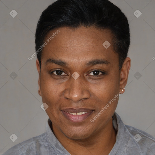 Joyful black adult male with short  black hair and brown eyes