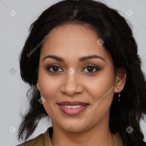 Joyful latino young-adult female with long  brown hair and brown eyes