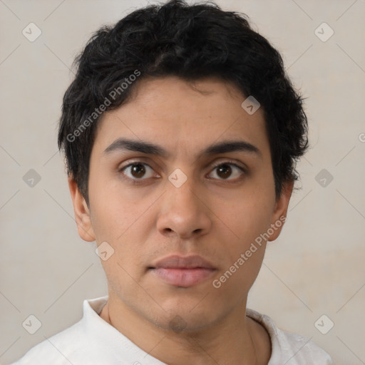 Neutral latino young-adult male with short  brown hair and brown eyes