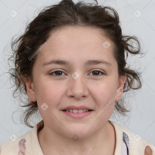 Joyful white child female with medium  brown hair and brown eyes