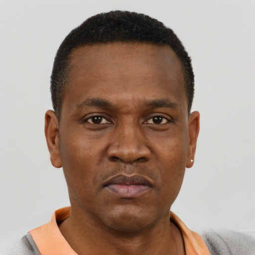 Neutral black adult male with short  black hair and brown eyes